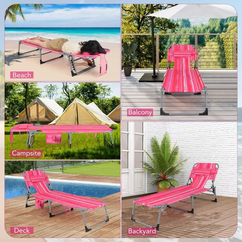 

Folding Tanning Chair, Beach Lounger with Face Hole, 5Position Adjustable Backrest, Side Pocket, Removable Pillow, Portable Benc