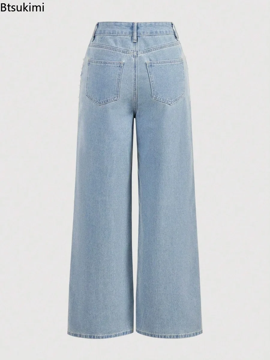 2026 Slimming Effect Loose Fit Straight Leg Jeans for Women Beaded Long Trousers High Waist Zipper Style Casual Urban Elegant