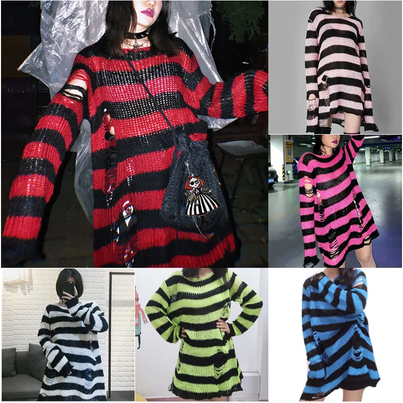 

Punk Gothic Long Unisex Sweater 2022 Summer Women Striped Cool Hollow Out Hole Broken Jumper Loose Rock Thin Dark Streetwear Top