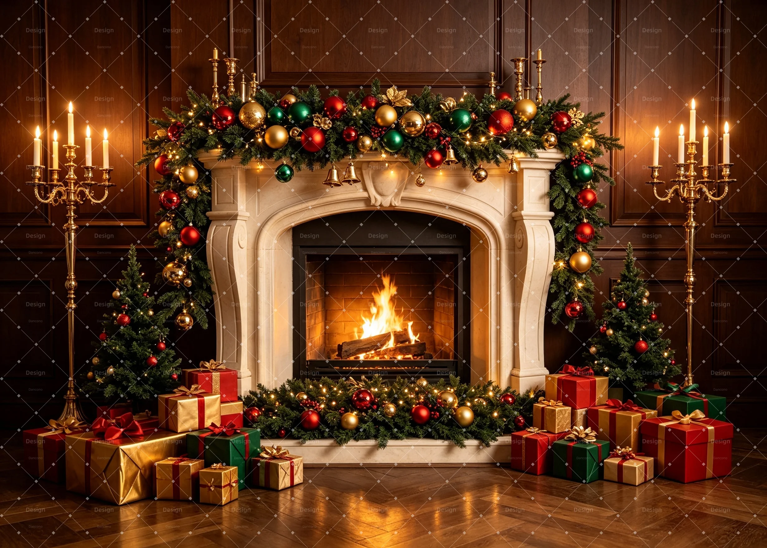 Red Green Curtain Christmas Corner Room Photography Backdrop Ornament Xmas Tree Fireplace Gift Box Scene Studio Decor Prop