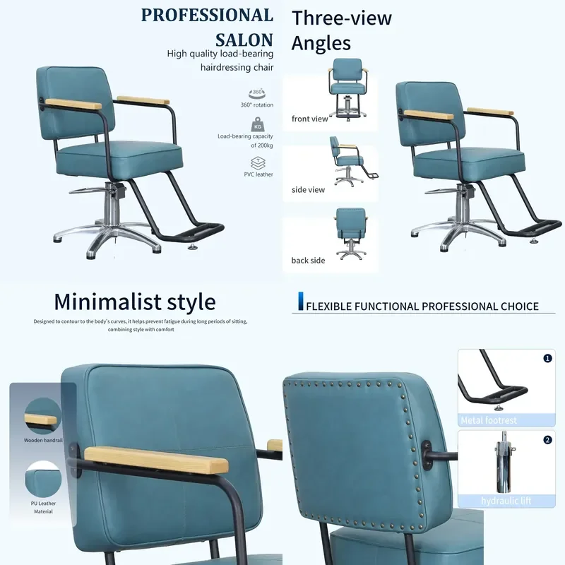 Customizable Nordic Minimalist Barber Chair Wooden Armrests Hydraulic Pump PU Leather Seat-360 Degree Barber Shop Workshop