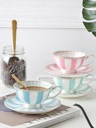 European Coffee Cup and saucer, English Afternoon Tea Set, Teacup Bone China, Home Drink Gifts, Blue and Pink