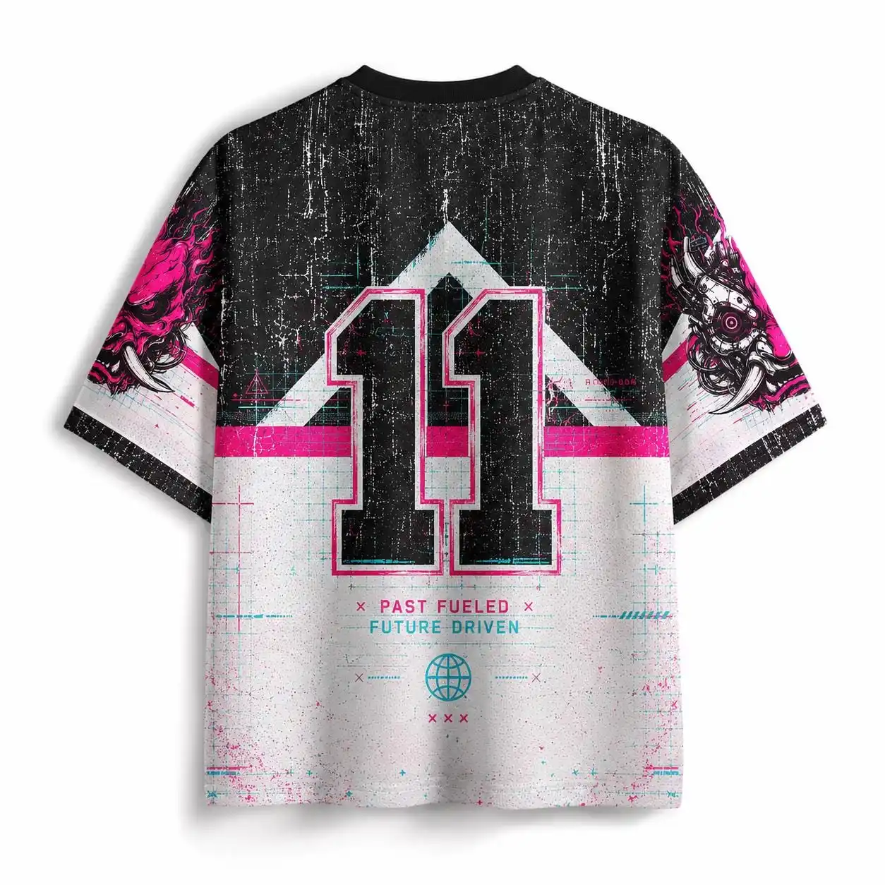 Cyberpunk Prajna Ghost Mask Theme V-neck Mesh T-shirt Pink Blue Contrast Printed Summer Trendy Sports Jersey