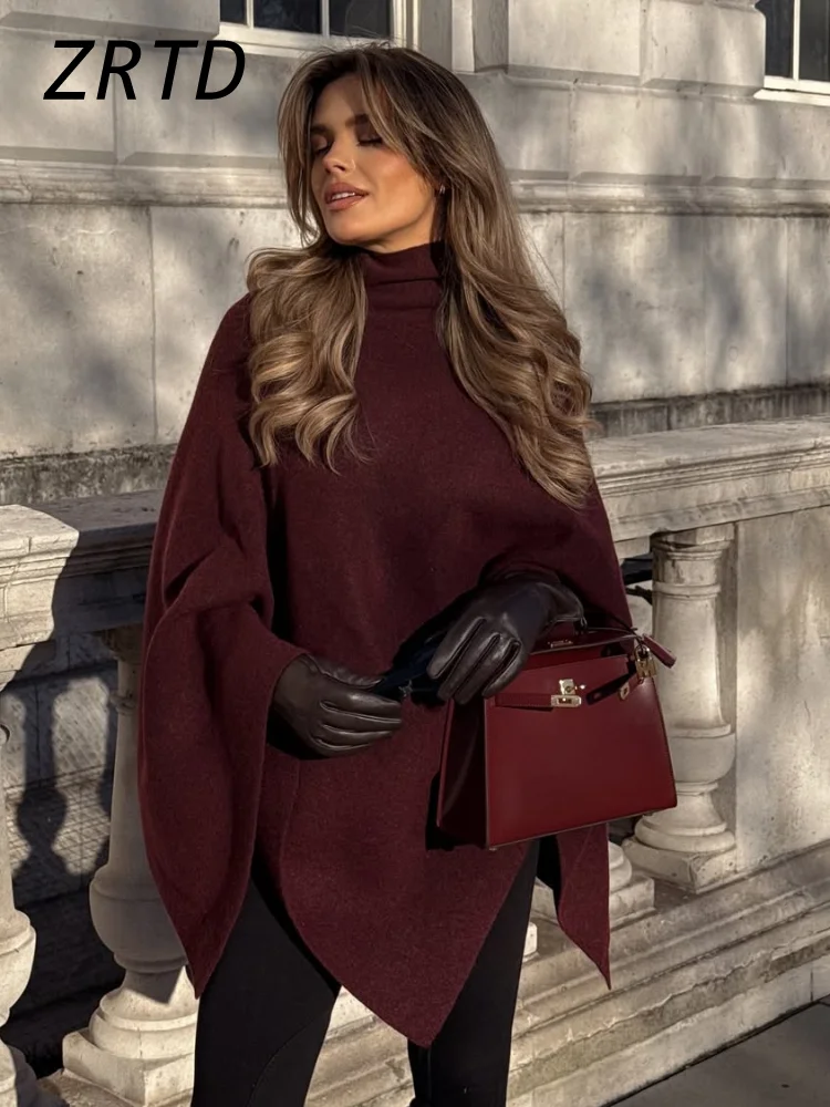 Elegant Women's Burgundy Cloak Turtleneck Sweater Vintage Loose Knit Raglan Sleeve Pullovers 2024 Autumn Lady All-match Knitwear