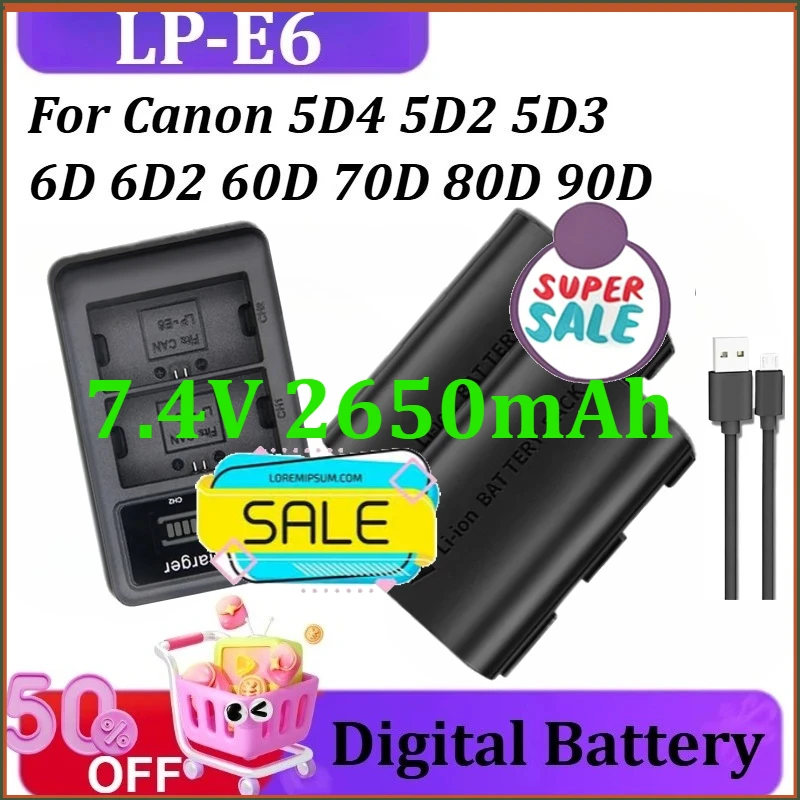 

For Canon 5D4 5D2 70D 80D 90D 5D3 6D 6D2 60D Digital Batteries New LP-E6 LPE6 Replacement Battery and Charger 7.4V 2650mAh