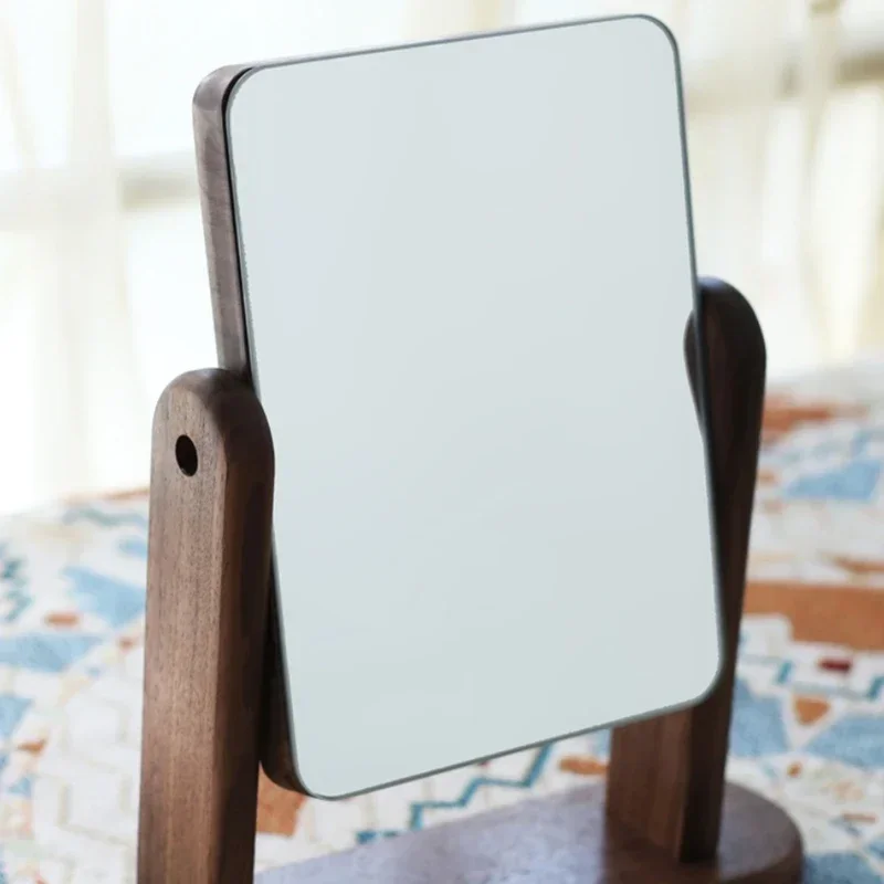 Portable Walnut Makeup Mirror, Vanity Looking Glass, Foldable Desktop, Single-Sided, Rotatable, HD, Convenient