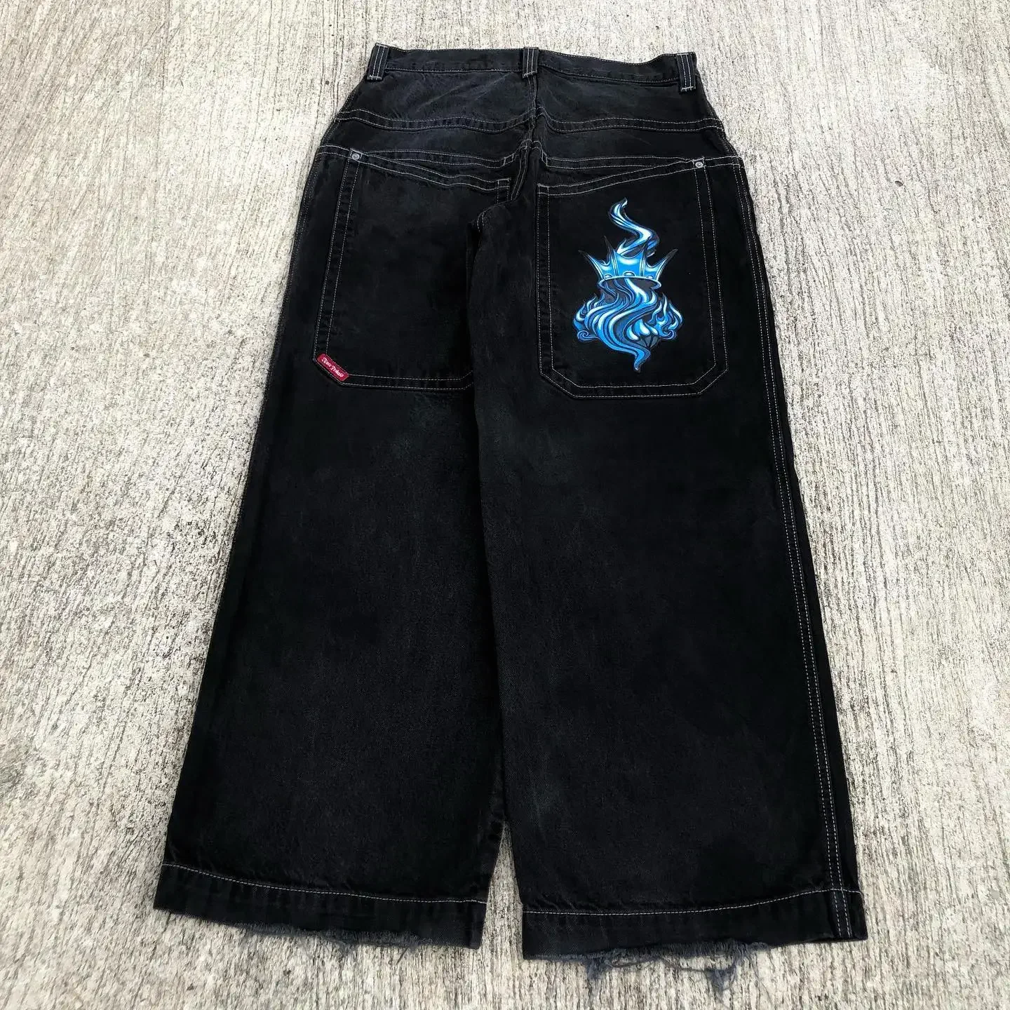 Harajuku Hip Hop Celana gambar grafis Gothic, Y2k Jeans longgar warna hitam, celana panjang kaki lebar pinggang tinggi baru untuk pria wanita