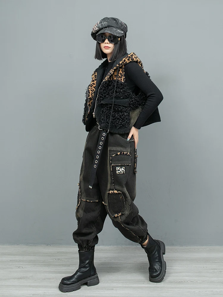 Personalized Trendy Vintage Patchwork Thick Cropped Pants Women Winter Black Denim Jeans LX2648