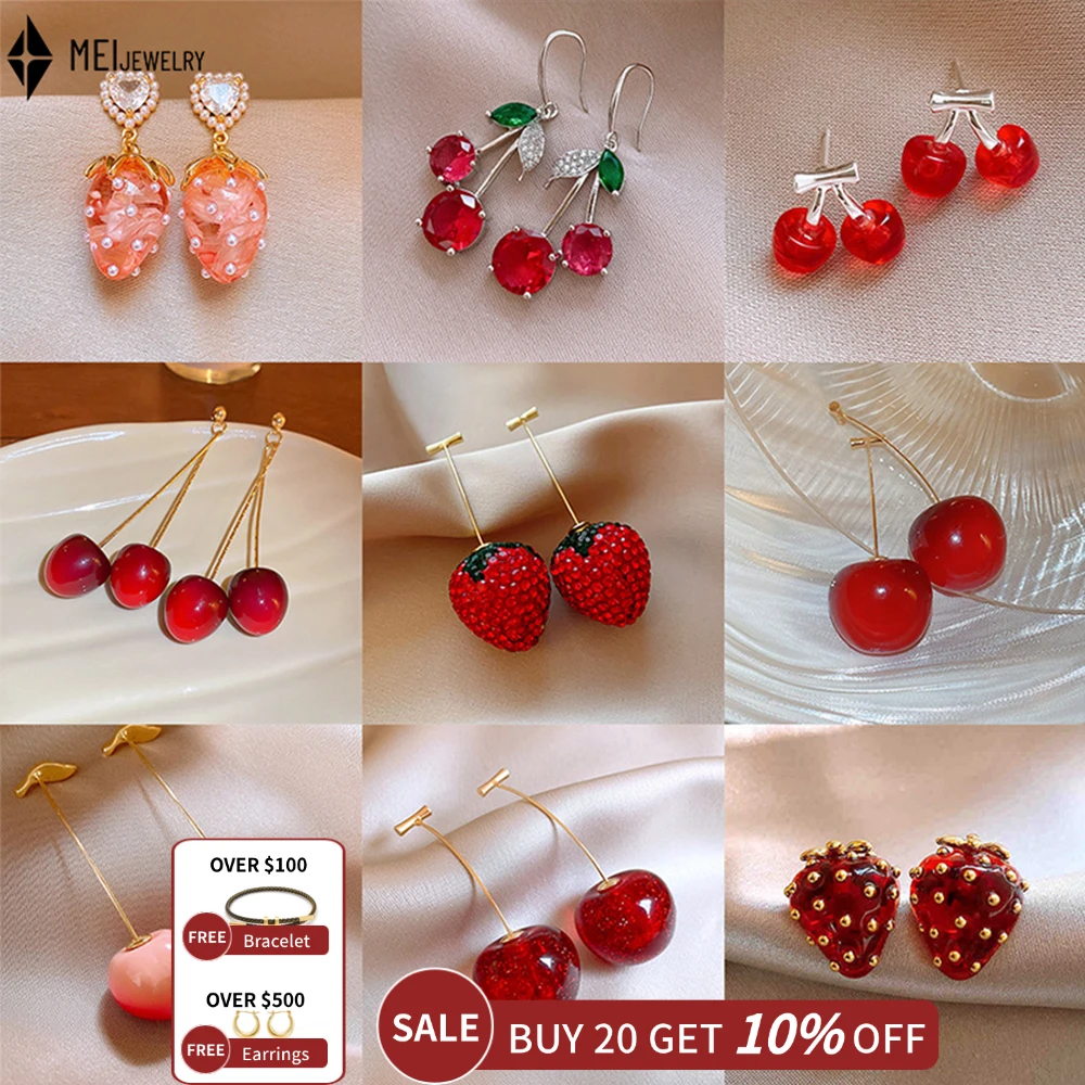 Cubic Zirconia Studded Cherry Strawberry Earrings Oil Droplets Cute Countryside Sweet Cool Spicy Girl Style Earrings