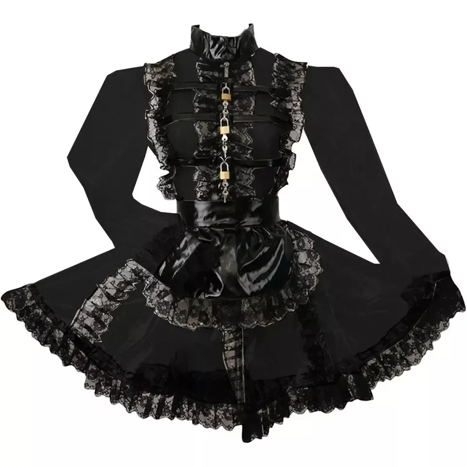 

Black PVC Lockable High Collar Lace Dress with Perspective Effect Maid Cosplay Customized Cute Transgender Person