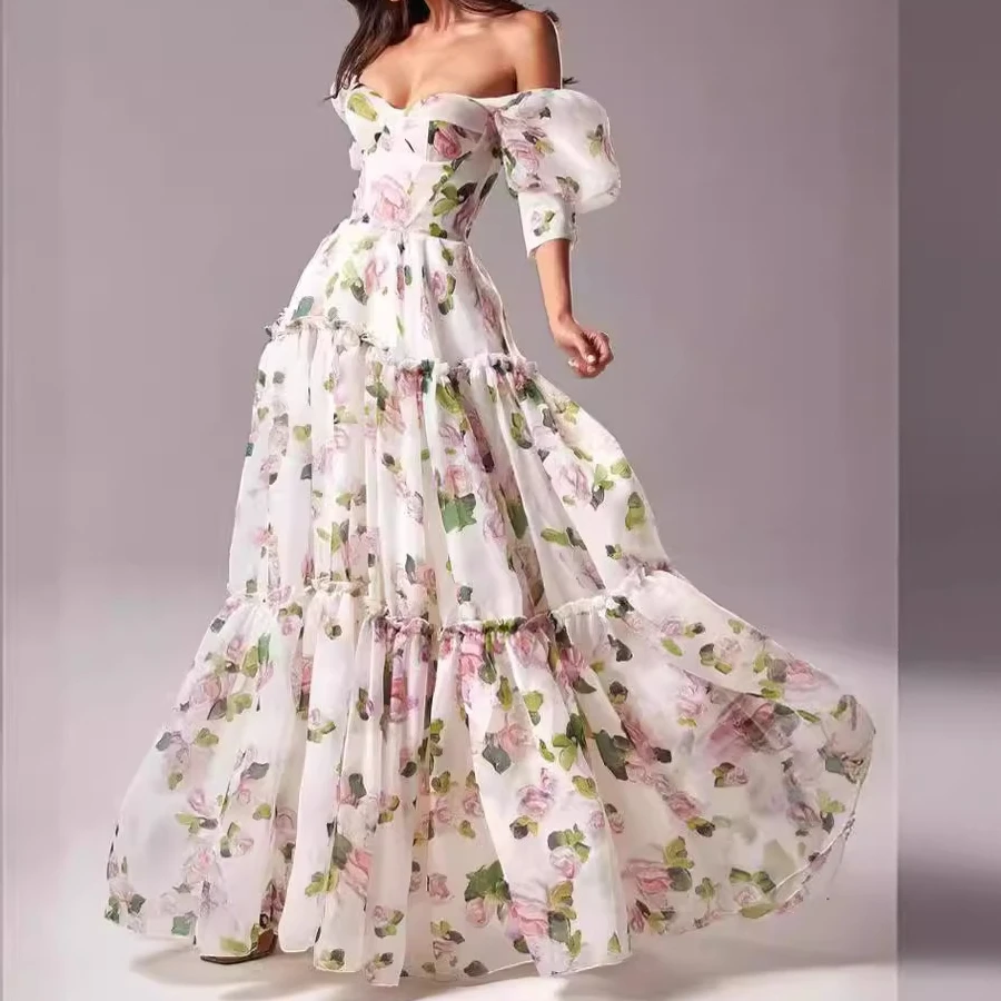 

Party Dress Print Women Dresses Short Sleeve Floor Length Maxi Loose Vestidos Summer 2025 Slight Strech Night Beach Party