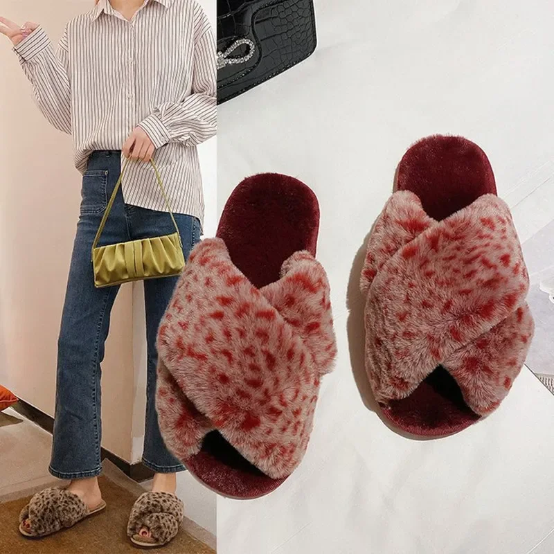 Winter Women Slippers Home Cotton Shoes Furry Warm Faux Fur Fashion Cozy Indoor Floor Slides Slip on Leopard Luxury Shoes Female