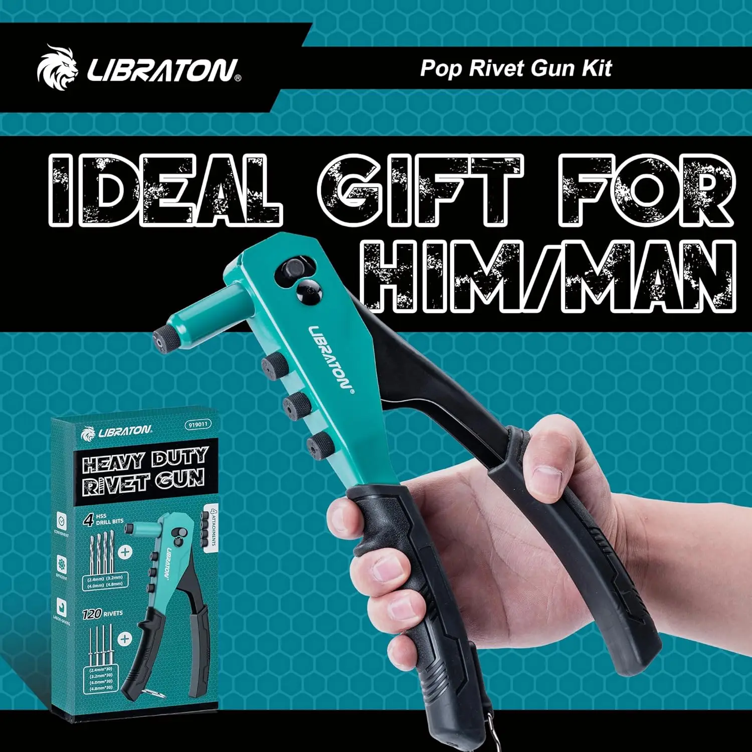 طقم مسدس برشام، مبرشم يدوي عالي التحمل مع 120 برشام أعمى، 4 لقم ثقب HSS، رؤوس قابلة للتبديل بدون أدوات