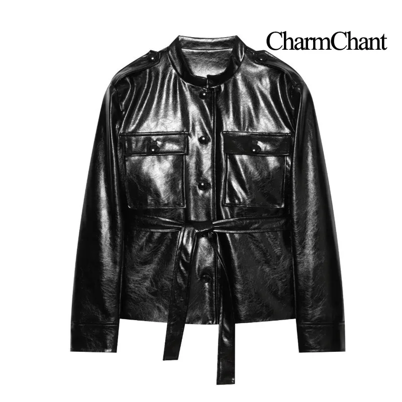 CHARMCHANT Chaqueta de Mujer con Cuello Alto, de Piel Sintética, Cinturón en la Cintura, Bolsillos Cargo, Corta, Estilo Moto, Ropa Exterior Vintage, Otoño 2026