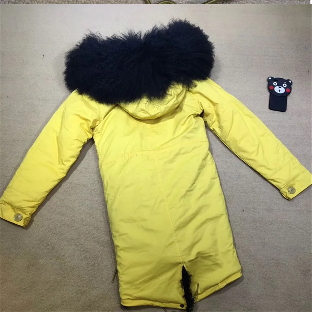 Attractive Black Mongolia Sheep Fur Lined Parka Long Style For Women Big Fur Collar Trim Overcoat