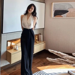 French Hepburn Halter Neck Jumpsuits Women Elegant Black And White Contrast Color Jumpsuit Party Ladies Summer Wide Leg Pants