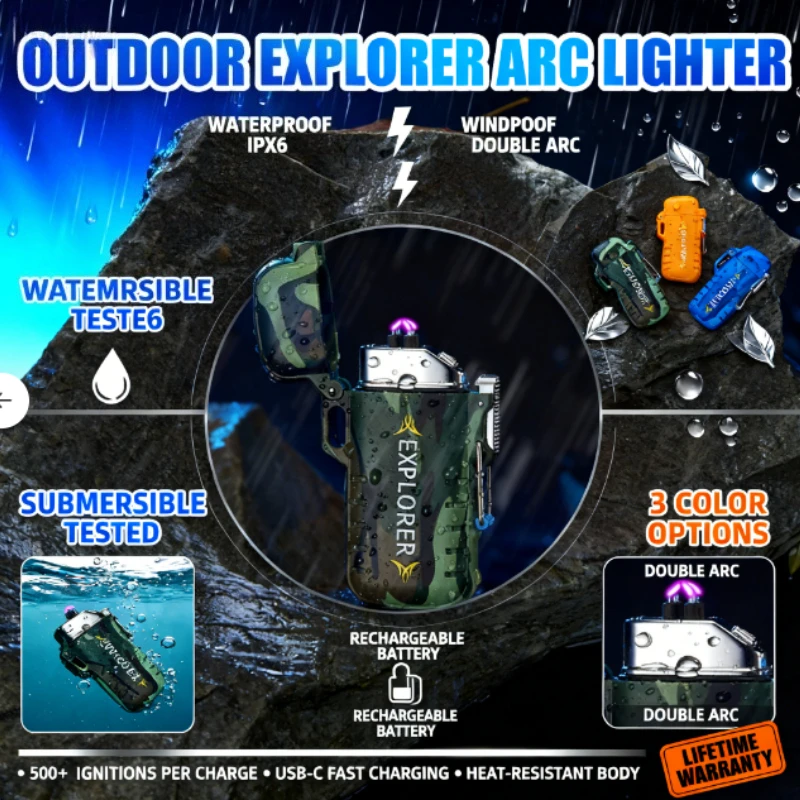

New Outdoor Double Arc Plasma Lighter - USB Rechargeable, Waterproof Button Control, Windproof Essential Smoking Accessory