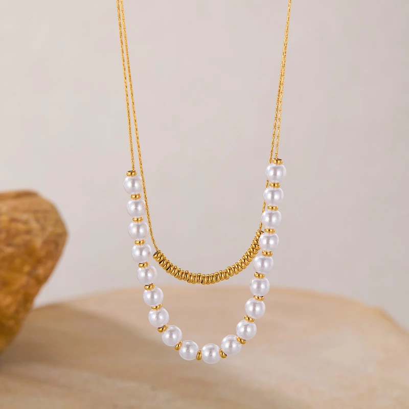 Doppelschichtige Perlenketten aus Edelstahl für Damen, frische, süße Schlüsselbeinkette, modischer, vielseitiger Schmuck – Detail 2