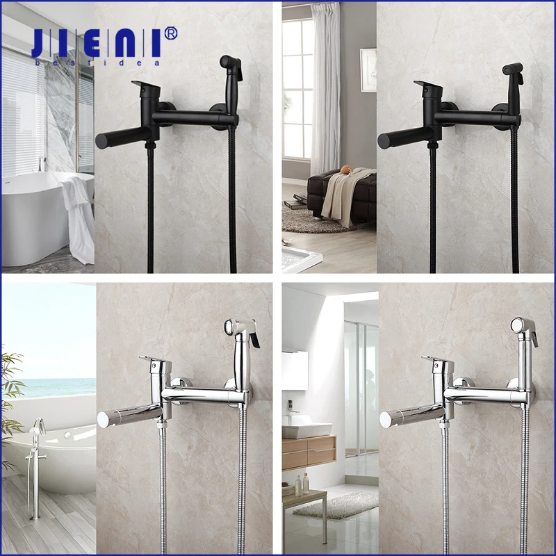 

JIENI Bathroom Bathtub Faucet Rotated Matte Black And Silver Wall Mounted Single Handle Control With Handheld Bidet Mixer Taps