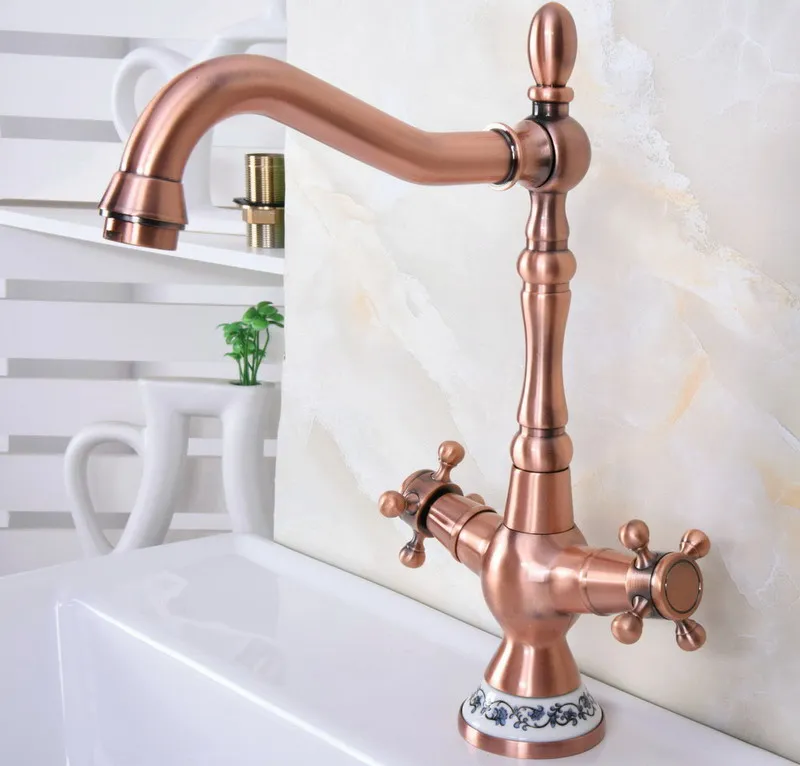 

Antique Red Copper Dual Cross Handles Ceramic Base Bathroom Kitchen Basin Sink Faucet Mixer Tap Swivel Spout Deck Mounted mnf614