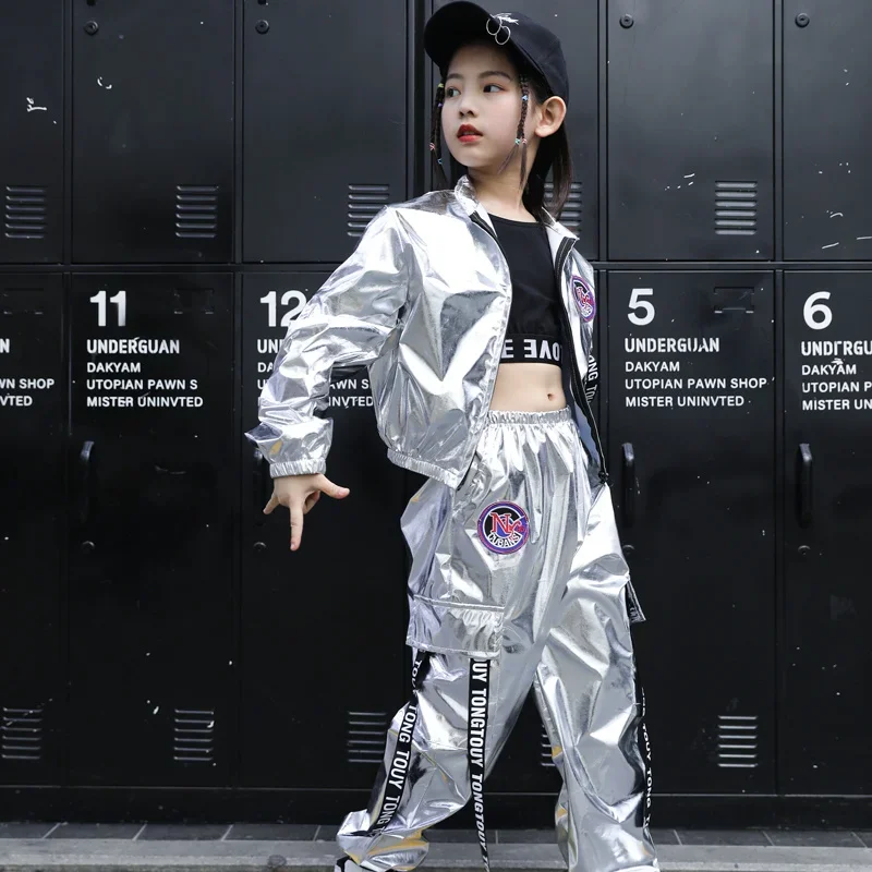 

Boys Hip Hop Jacket Girl Jazz Jogger Pants Kids Sequins Street Dance Outfit Teen Shining Children Costume Streetwear