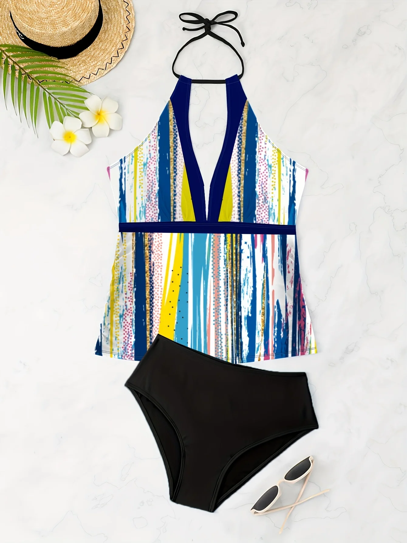 Женский комплект танкини большого размера, цветной полосатый принт, шея, комплект из двух предметов