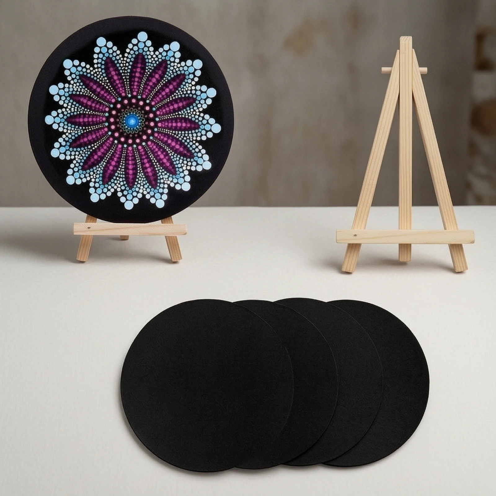 5 Pieces Round Art Board with Easel Portable Black Painting Board with Mini Easel Cardboard Canvas Lightweight Natural Wood