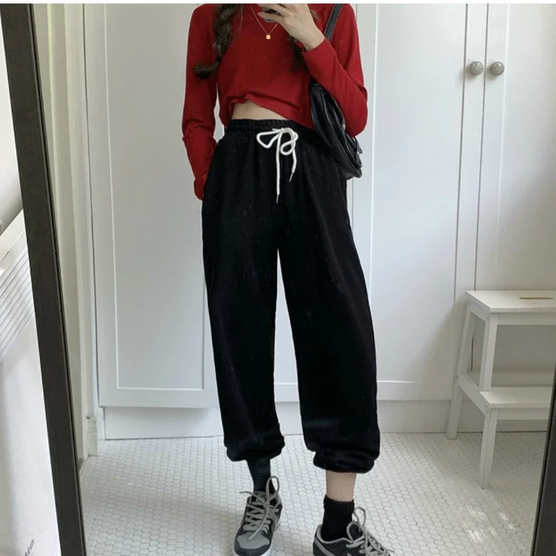 

High Waist Loose Harlan Casual Pants+Long Sleeve Tops Female Wide-leg Solid Trousers Women Autumn Elastic Waist Sports Pants