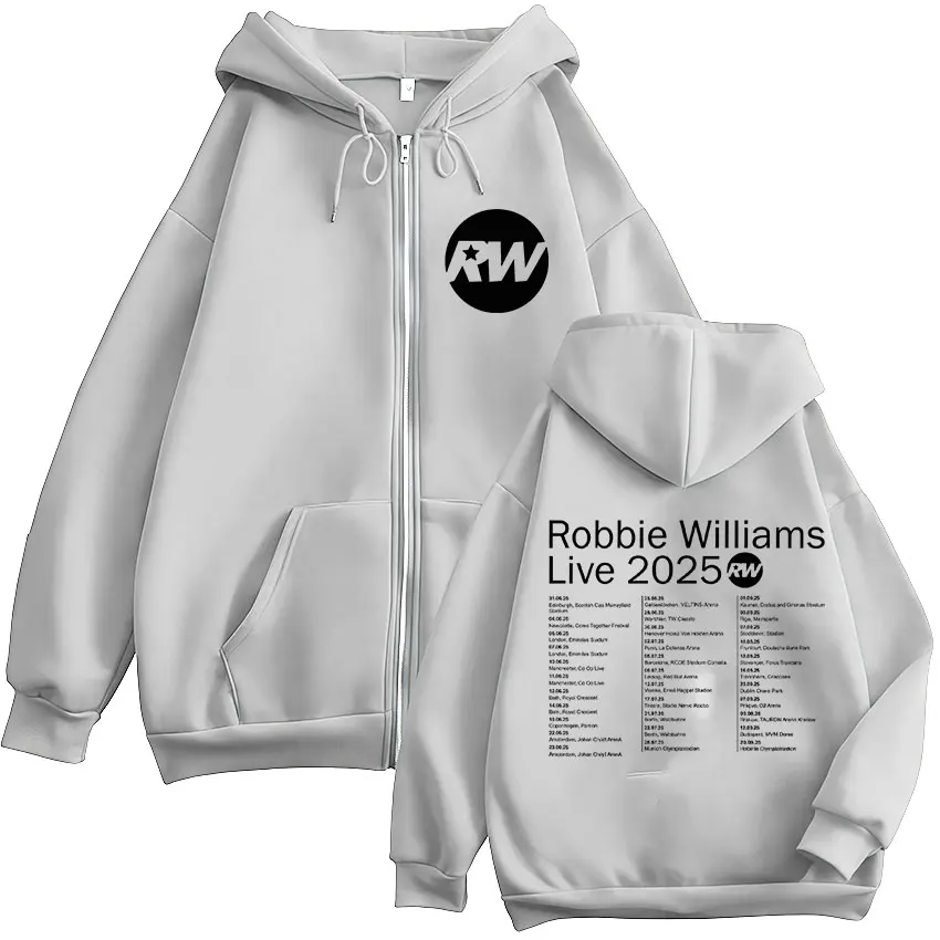Robbie Williams Live Tour 2025 Rw Logo Zipper Hoodie Mens Women Casual Oversized Zip Up Sweatshirt Hip Hop Fleece Jacket Hoodies