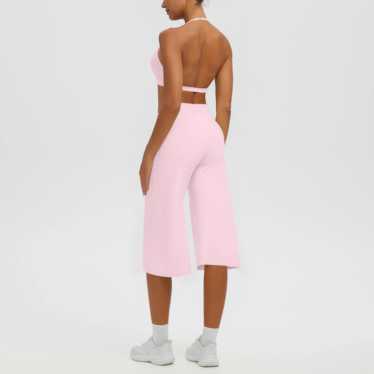 New 2PCS Women Sports Yoga Suit Backless Yoga Underwear with Chest Pad Hanging Neck Bra Solid Color Loose Pencil Pants Yoga Suit