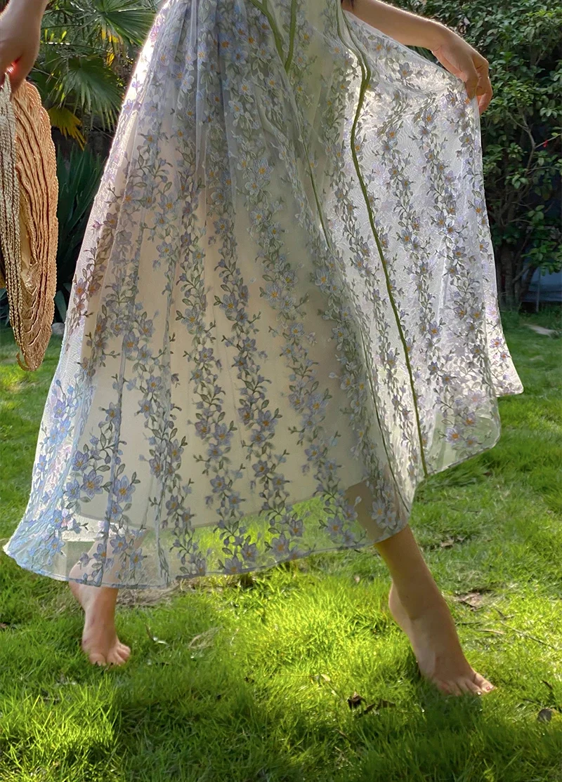 녹색 레이스 자수 드레스 여성 우아한 캐미솔 여름 휴가 베스 티드 스파게티 스트랩 럭셔리 디자인 꽃 Bodycon 메쉬