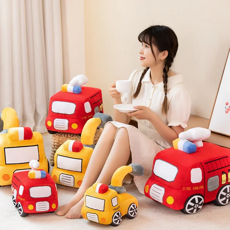 Cute Soft Fire Engine Excavator Plush Toys Stuffed Fire Truck Throw Pillow Plushies Doll Home Decor Birthday Gift for Kids Girls