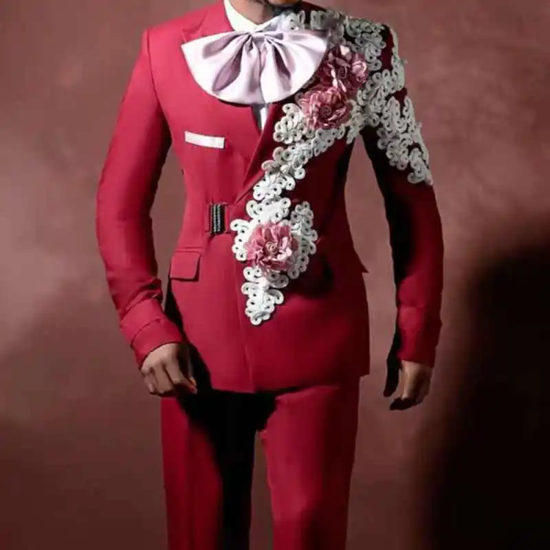 Ternos masculinos vermelhos conjunto 2 peças blazer + calças 3d flor luxo casamento smoking jaqueta formal escritório negócios noivo casaco masculino