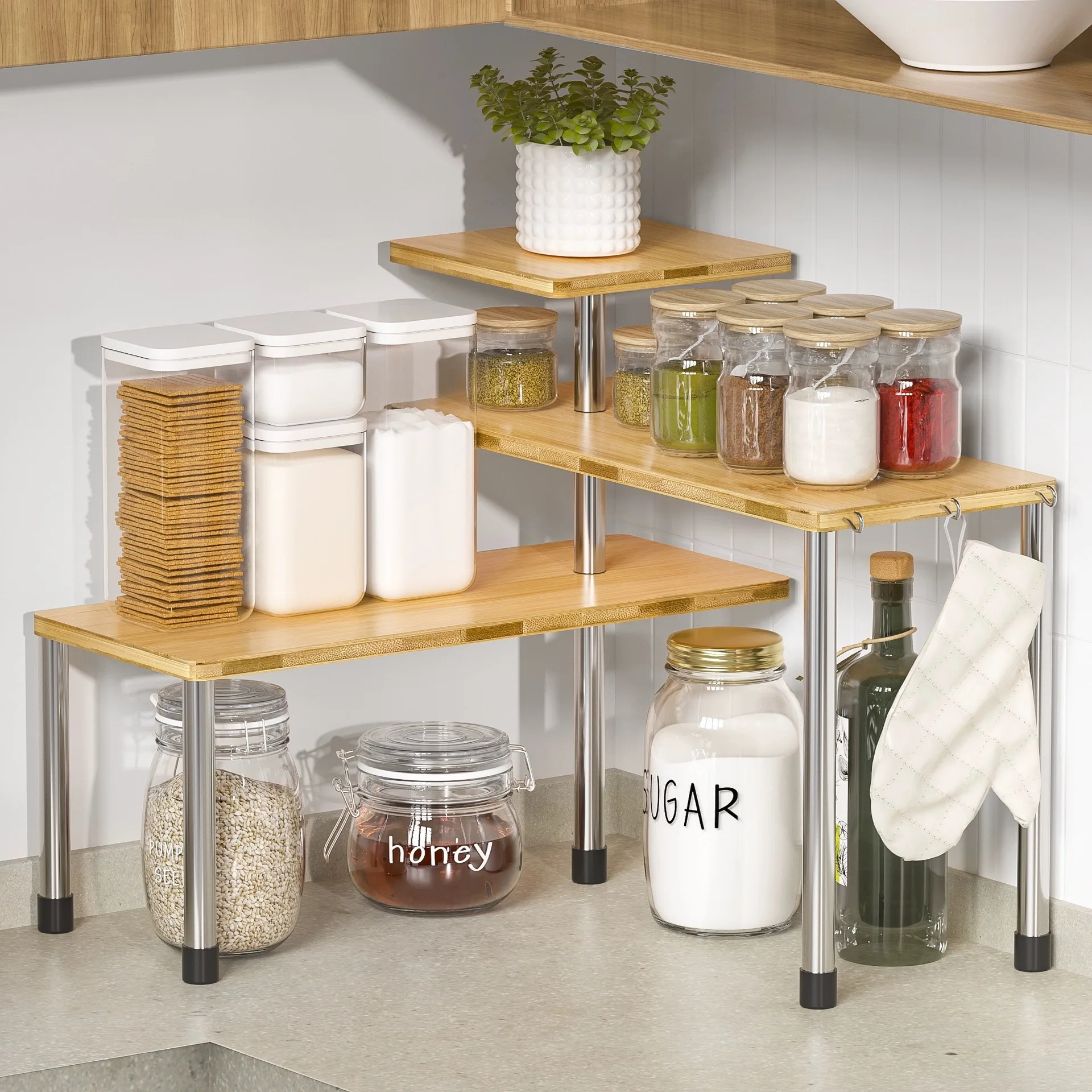 Three-Tier Bamboo Spice Rack Repositionable Straight Or Corner Layout Natural White Black Options Freestanding Seasoning