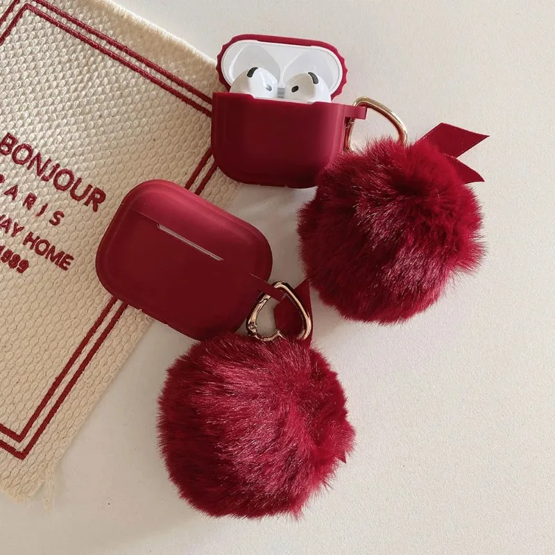 Korea Lovely Wine Red Soft Plush Fluffy Sphere For AirPods 1/2/3 Pro 2 Silicone Protective Case Suitable Ladies For AirPods 4