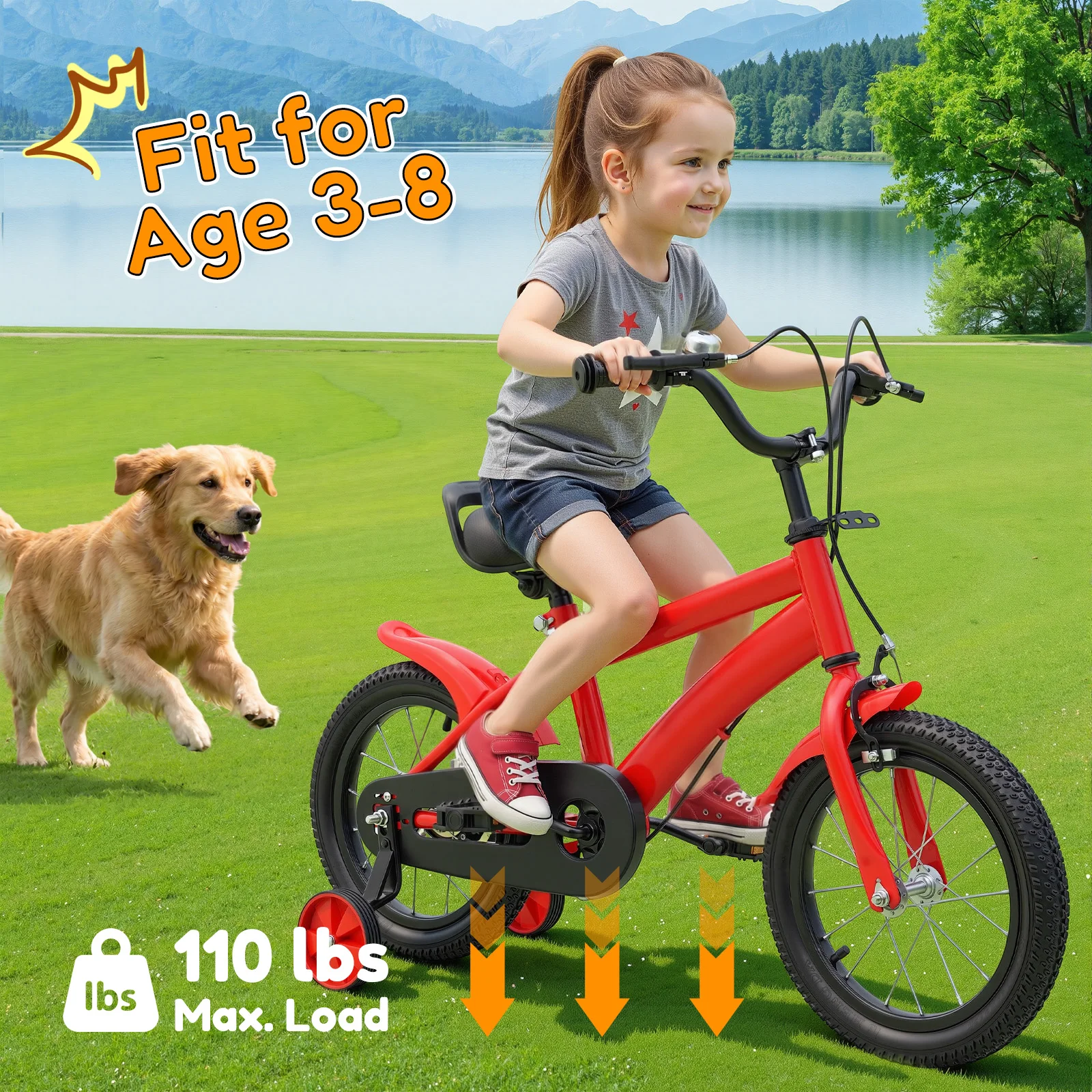 Bicicletta per l'apprendimento dei bambini da 14 pollici rossa con 2 ruote di supporto regolabili, bicicletta per l'esercizio dei bambini