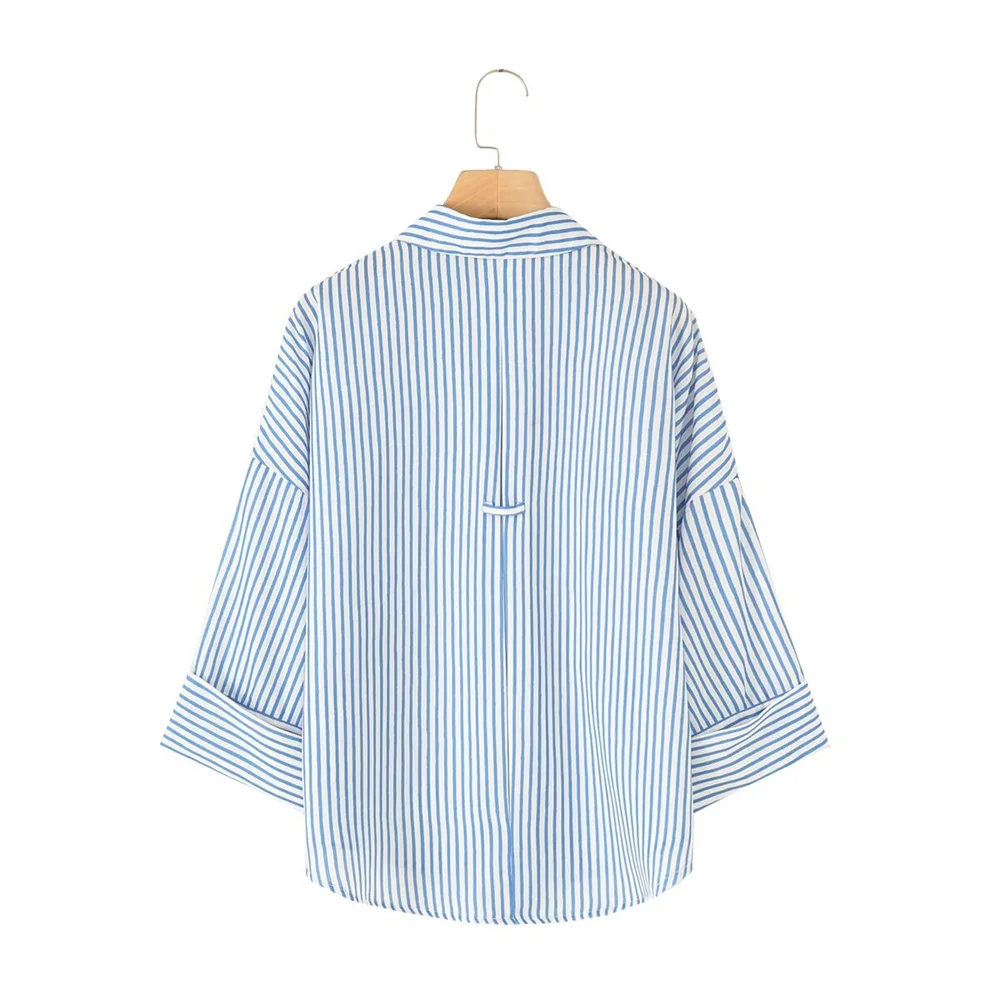 UNIZERA 2024 Autumn New Product Women\'s Casual Collar Curled Wide Sleeves Linen Blended Striped Asymmetric Shirt