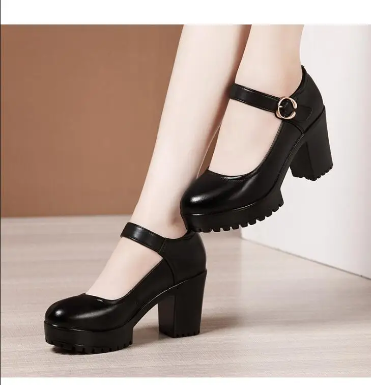 

Fashion New Women Heel Office Lady Pumps Leather Black Basic Square Heeled Spring Autumn Female Genuine leather shoes Large size