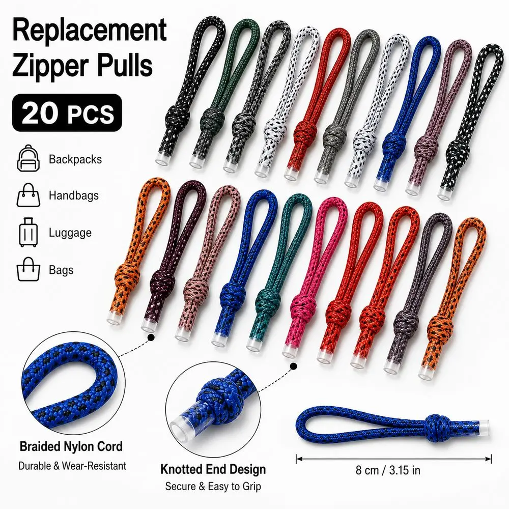 20Pcs New 8cm Zipper Pull Cord Knotted End Colorful Pattern Zipper Replacement Pull Braided Zipper Pull Cord Luggage Accessories