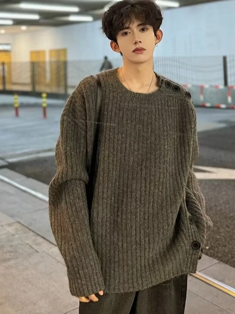 American Retro Decomposition Grey Hollow out Knitted Sweater Jacket Men's Casual Style Loose Fit Long Sleeve round Neck