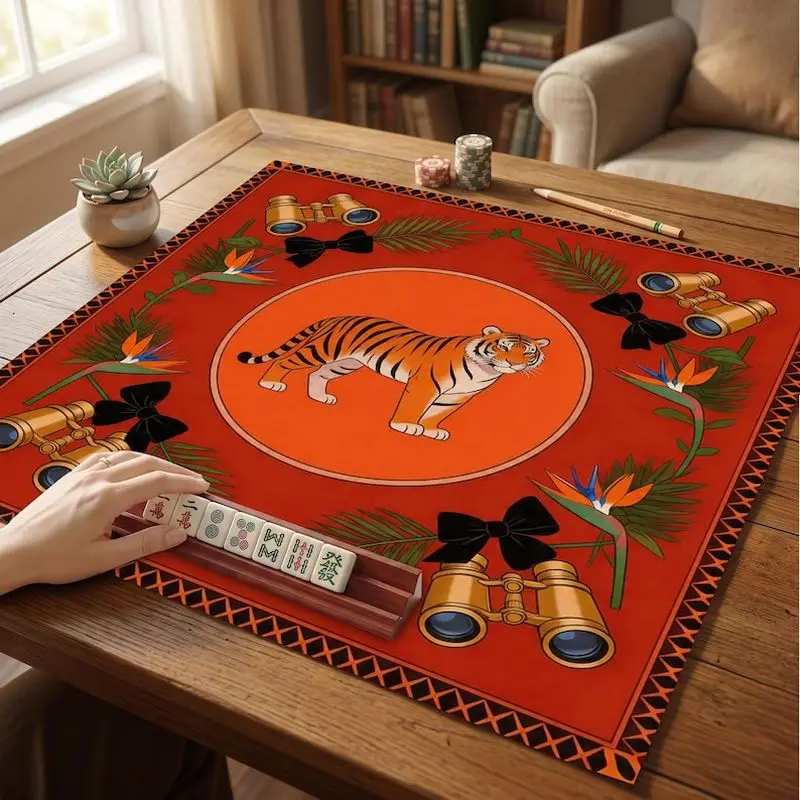 VIKAMA Luxury Retro Red Tiger Mahjong Mat Anti Slip Noise Reduction Safari Print Household Game Table Pad