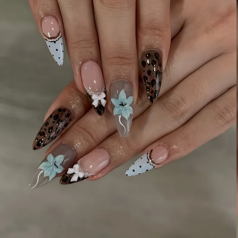 24PCS Black Polka Dots Almond Fake Nail Tips Blue Flower French Sweet Leopard Print Lace Bowknot Press on False Nails Full Cover