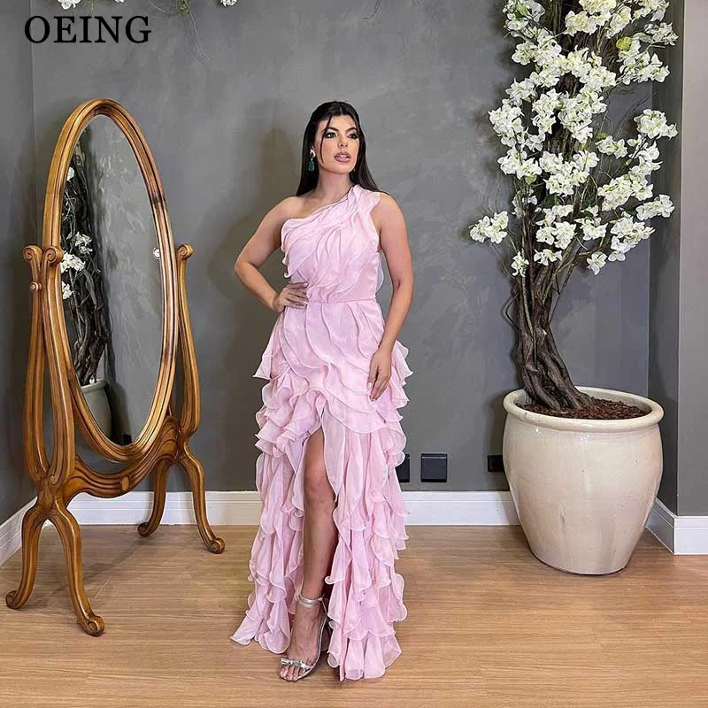 OEING Light Pink Evening Dresses Elegant Ruffles Split One-Shoulder Pleated A-Line Prom Dress Formal Gowns Vestidos De Fiesta