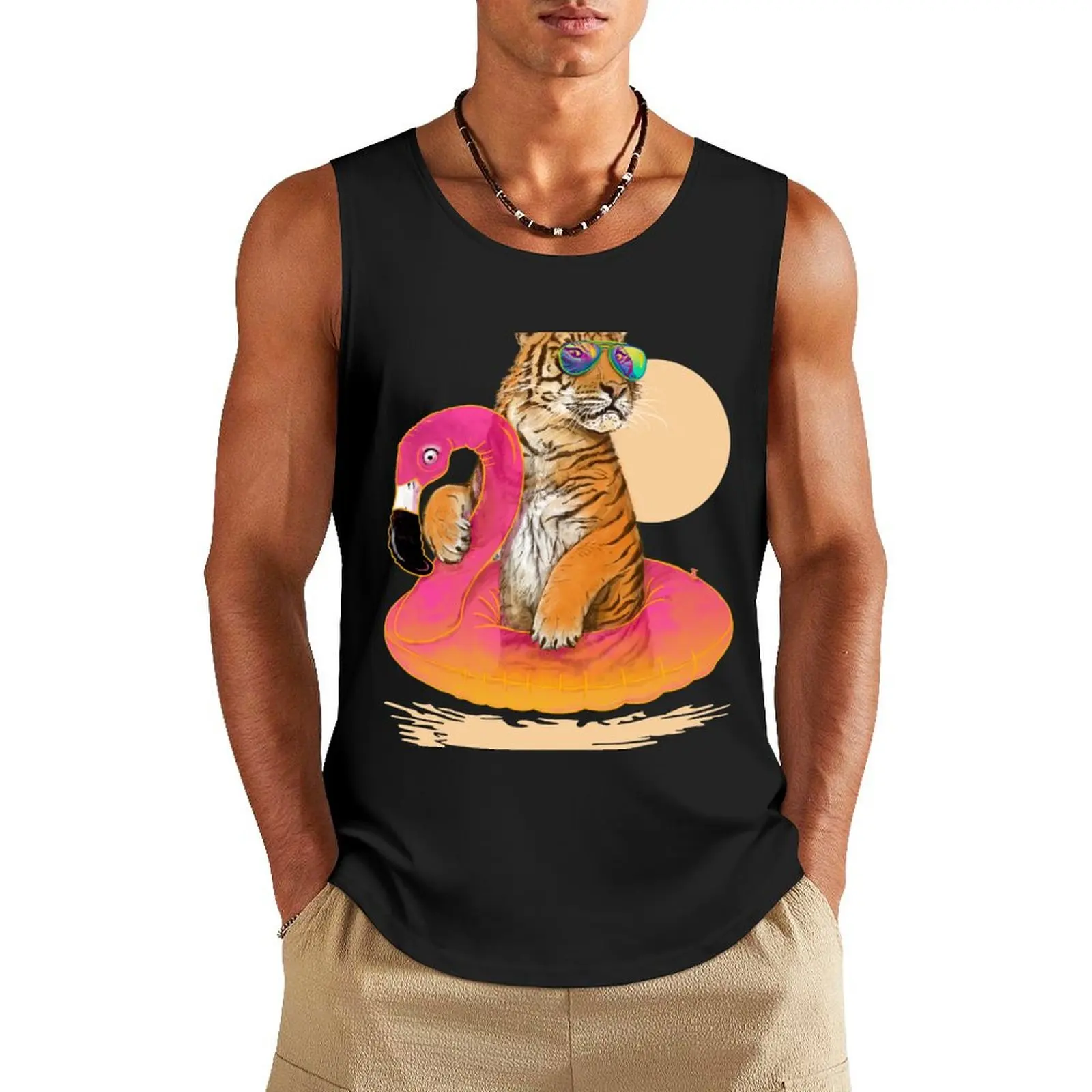 

Chillin, Flamingo Tiger Tank Top Men's sleeveless summer clothes T-shirt for fitness