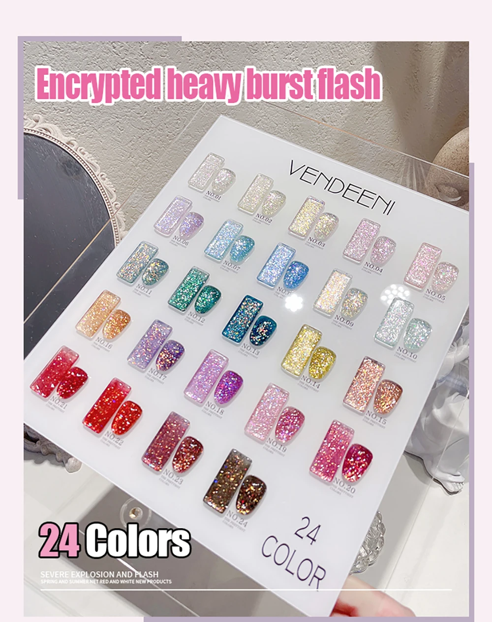Vendeeni 24 Farben Hochdichter Glitzer-Nagelgel-Lack, Glänzender UV-Gel-Lack für Nagelkunst, Funkelnder UV-Soak-Off-Gel-Lack – Detail 1