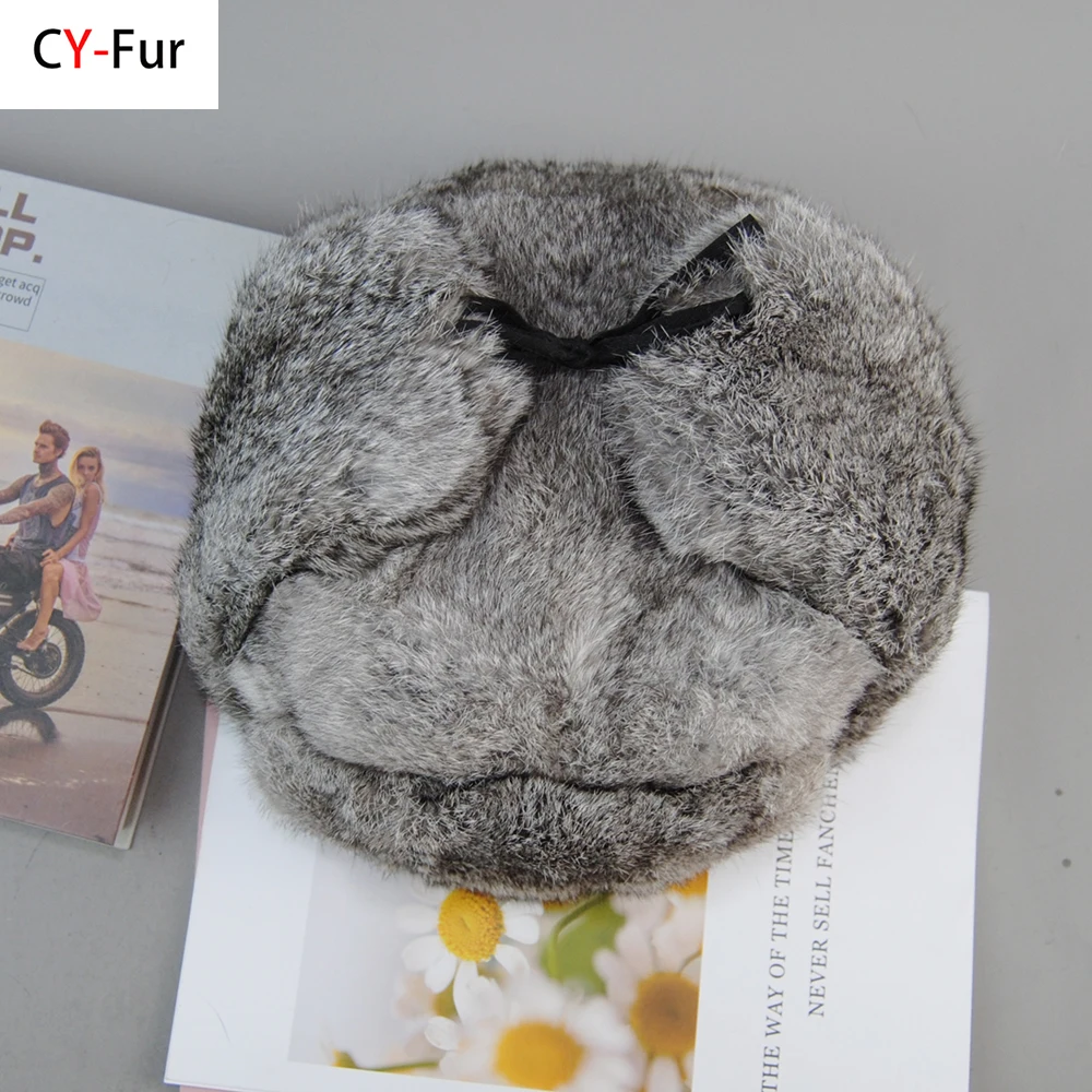 

Rabbit Fur Cap Man Winter Genuine 100% Fur Bomber Hat Windproof Warm Earmuffs Male Flat Grey/Black Russian Winter Rabbit Fur Hat