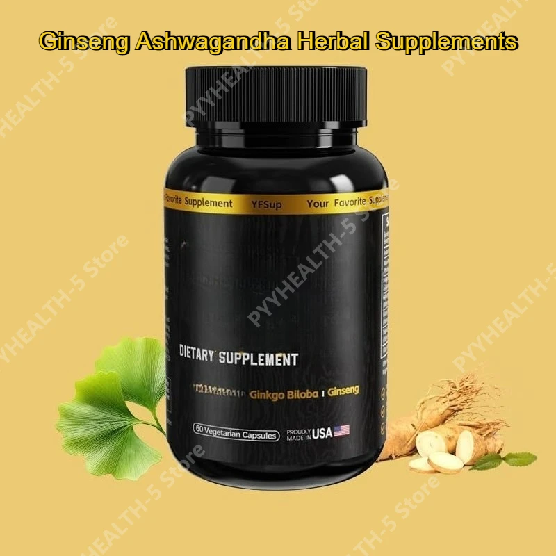 

Травяные добавки с женьшенем и ашвагандой, 60 капсул, адаптоген для энергии, выносливости, иммунитета, антиоксиданты, для здоровья кишечника, произведено в США