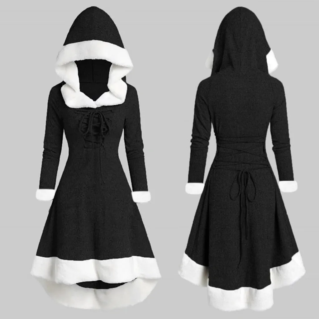 

Ladies Christmas Dresses Santa Costume Winter Fur-Collar Lace-Up Patchwork Hooded Dress Plush Long-Sleeved Party Prom Dress