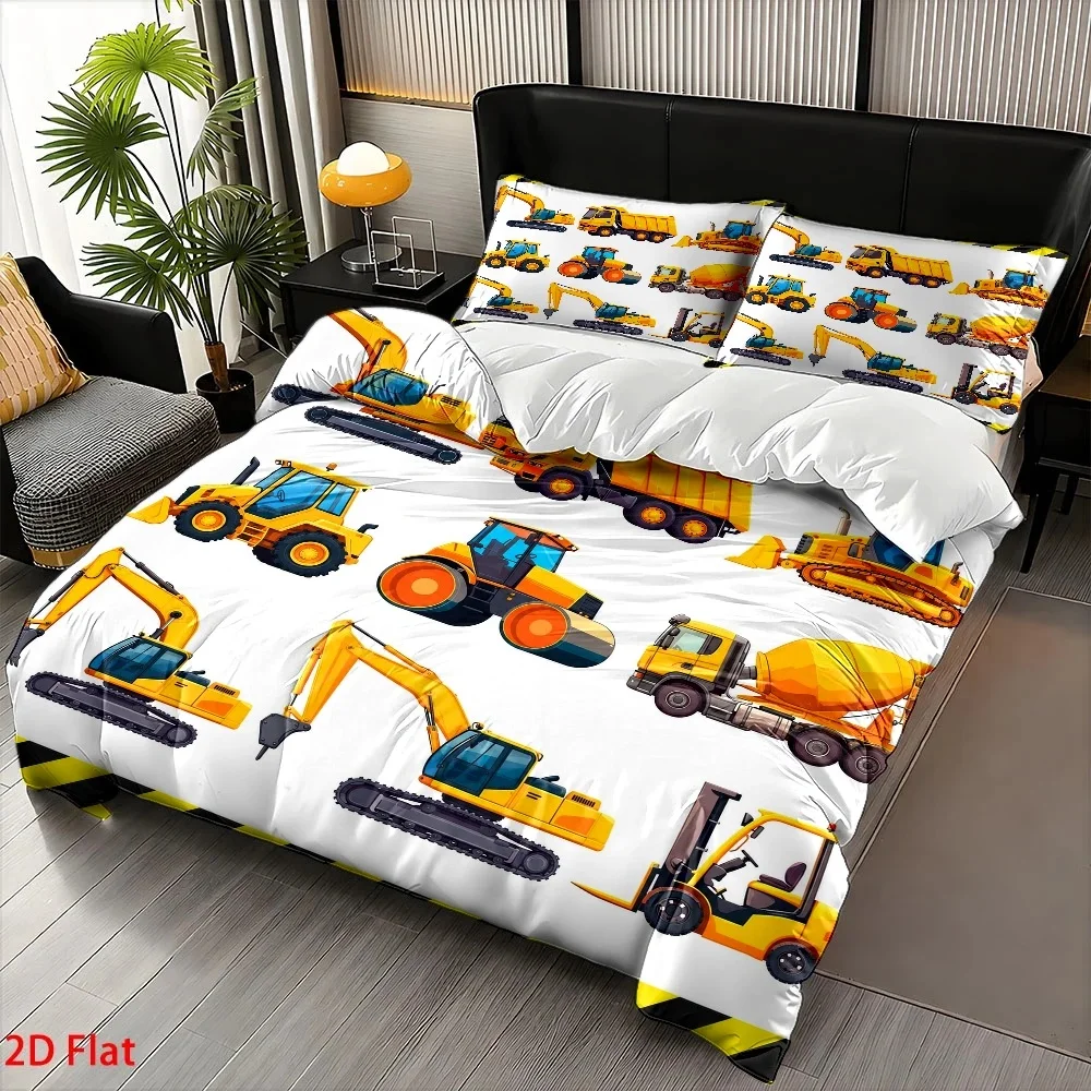 Cartoon Construction Vehicle Bedding Set (1*Quilt Cover + 2*Pillowcases), Pink Halloween Decoration Comforter Sets Quilt Cover Bedding Set Breathable Polyester Invisible Zipper Machine Wash