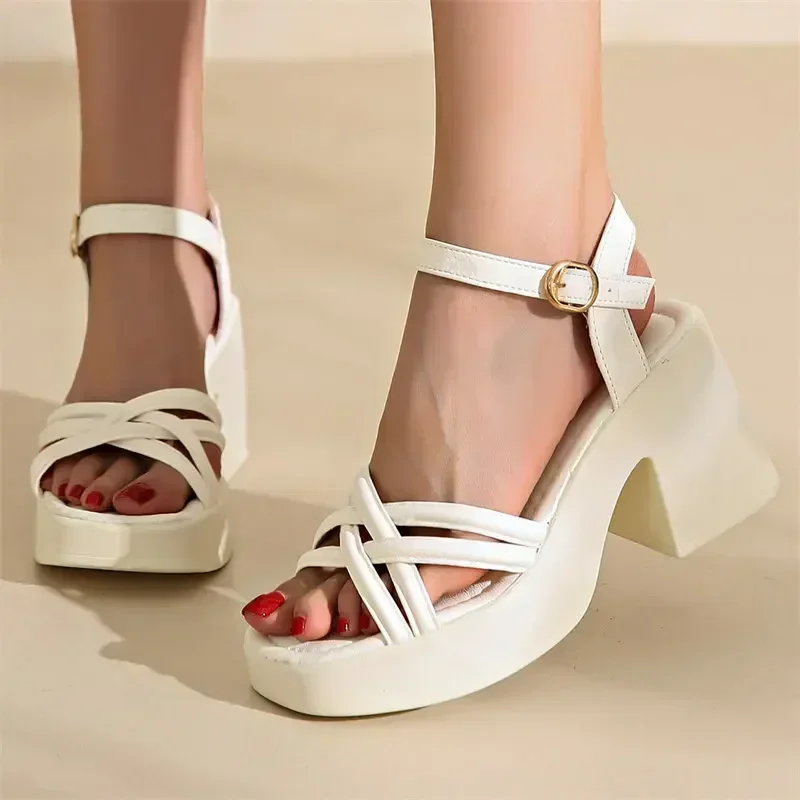 2024 New Fashion Summer Open Round Toe Bottom Buckle Shallow Mouth Casual Thick High Heel Large Women\'s Sandals 35-42